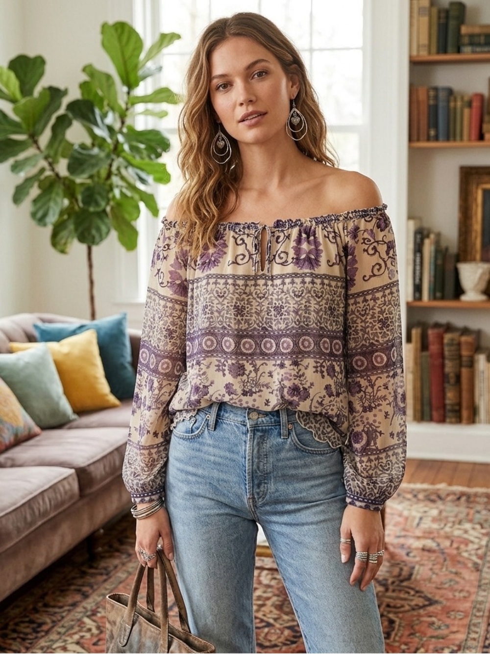 Hale Bob Purple Brown Long Sleeve Peasant Top &  Fashion Silver Earrings